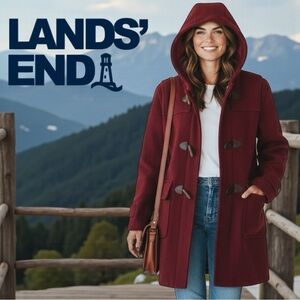 Lands’ End 100% Wool Cranberry Burgundy Zip Button Hooded Quilted Duffle Coat
